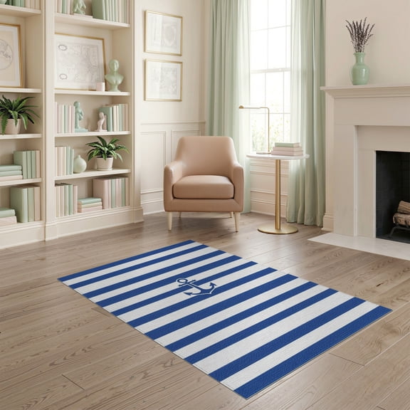 ODIKA 4'x6' Welcome Door Motif Striped Nautical Farmhouse Beachy Front Layered Washable Area Rug None for Dorm Room, Small Living Stain Resistant Low Profile, Easy Care