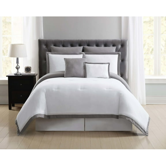 Truly Soft Everyday Hotel 100% Microfiber Polyester 7 Piece Full/Queen Comforter Set in White and Grey, All Season, Adult Size, OEKO-TEX Certified