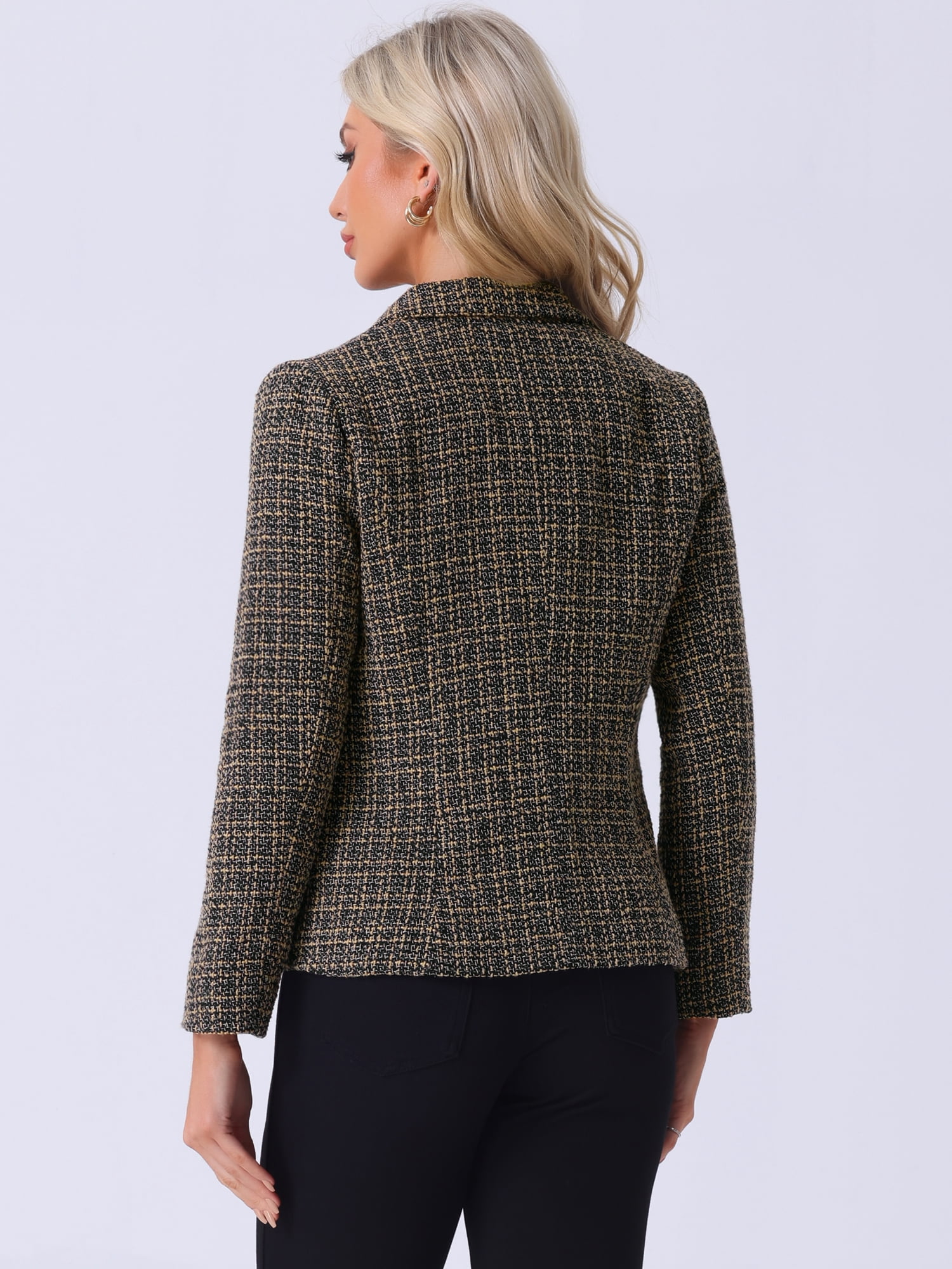 DARING DIVA Women's Plaid Blazer Notch Lapel Tweed Jacket XS Brown