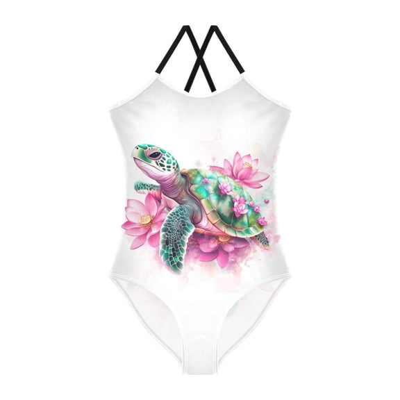 Girls' One-piece Swimsuit Cross Back Bathing Suit Beach Surfing Sizes 3T-10T Cute Cartoon Sea Turtle