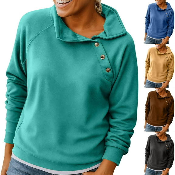 UTSJKR Womens Fashion Lapel Sweatshirts Side Button Collar Trendy Sweatshirt Casual Solid Color Loose Fit Athletic Shirts Brown L