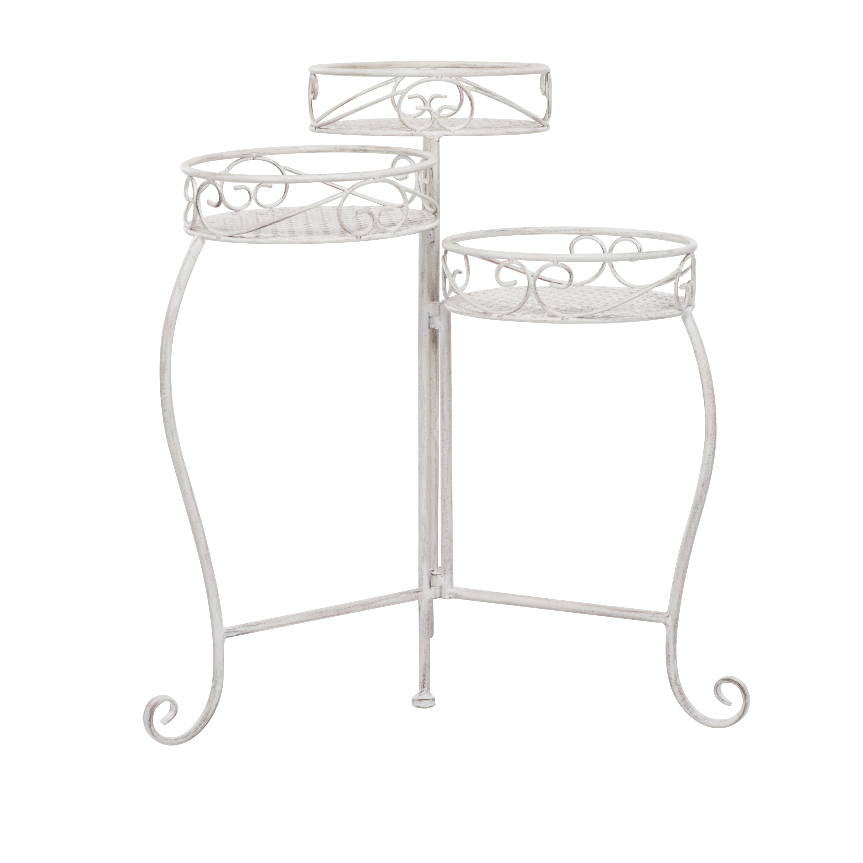 DecMode 21" x 19" x 23" 3 Tier White Metal Indoor Outdoor Scroll Plantstand