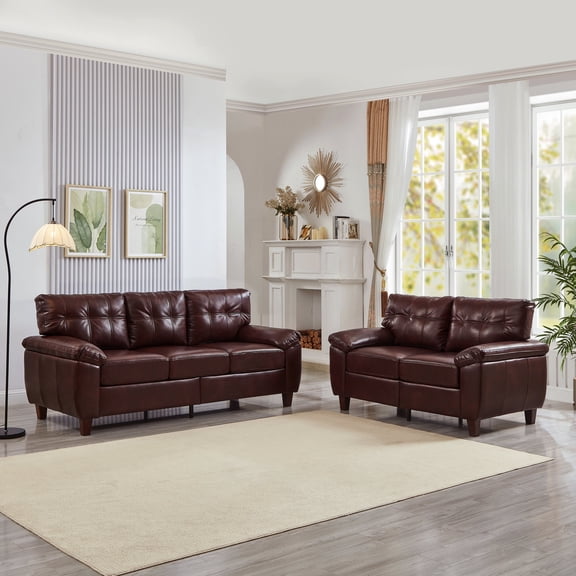FFZ 2-Piece Modern PU Leather Sofa and Loveseat Set with Storage Armrests, Burgundy