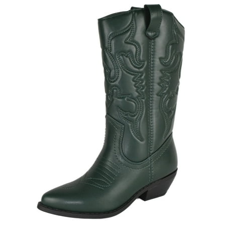 

Soda Women Cowgirl Cowboy Western Stitched Boots Pointy Toe Knee High Reno-S Dark Green 7