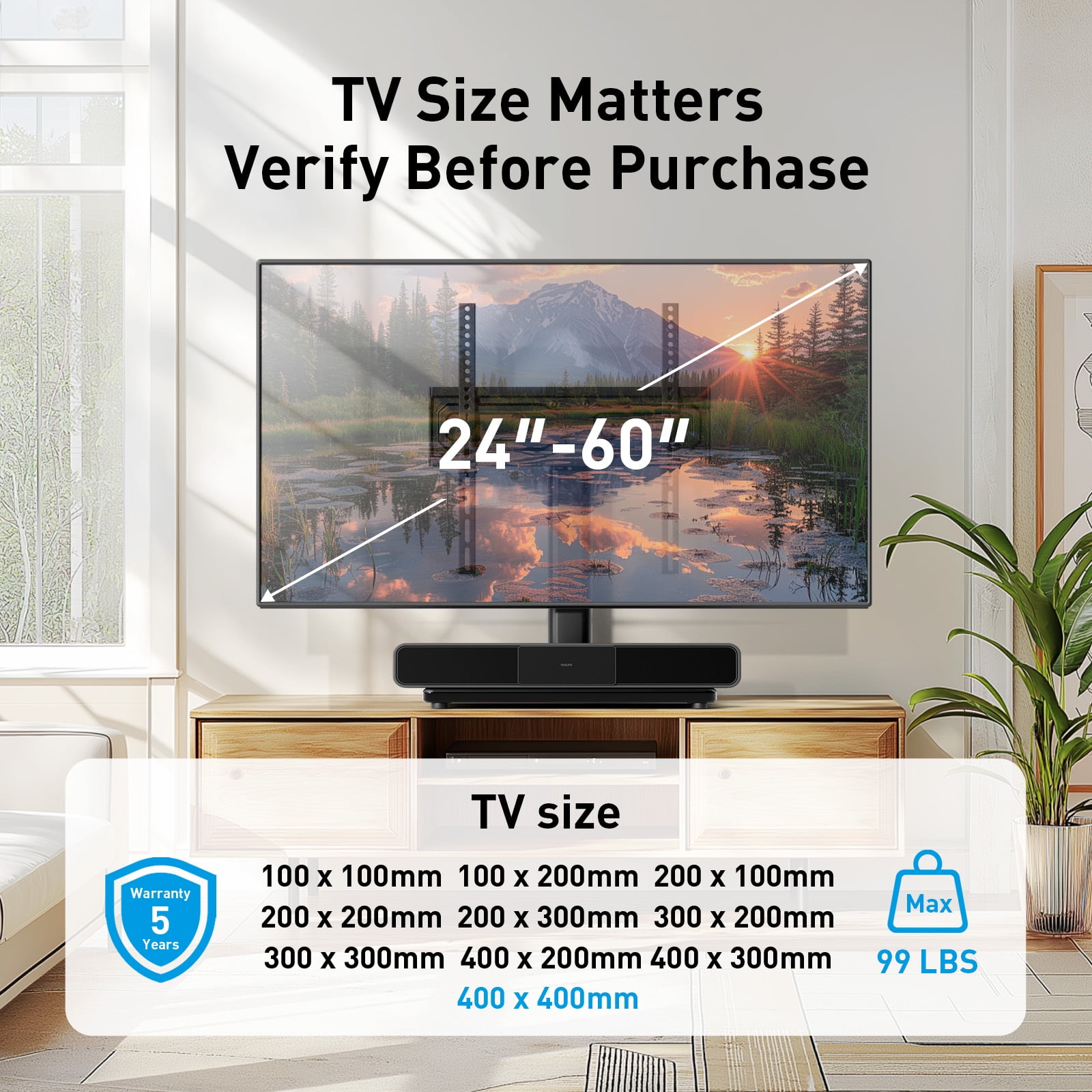 MountFTV Universal Table Top Swivel TV Stand Mount with Alloy Steel Glass Base for 24-60 inch TVs, Tabletop tv stand base with 50° Swivel, Hold up to 99Lbs, Max 400x400mm