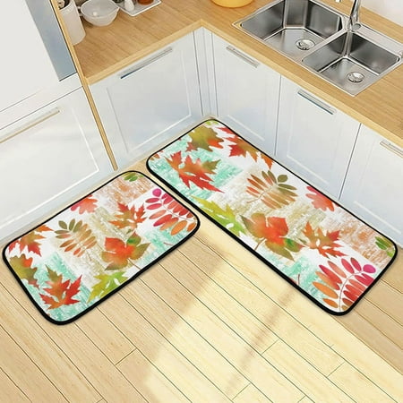 

SKYSONIC Watercolor Fall Leaves Kitchen Rugs 2 Pieces Autumn Maple Foliage Floor Mat Room Area Rug Washable Carpet Perfect for Living Room Bedroom Entryway