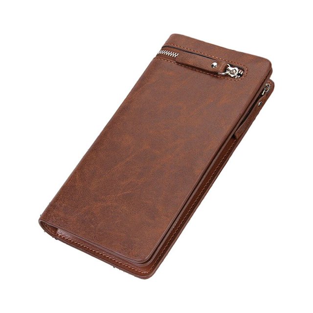 Men Long Wallet Simple Style Credit Card Holder Solid Color Purse Leather Handbag Phone Keys Multi-card Bag Large Capacity Light coffee