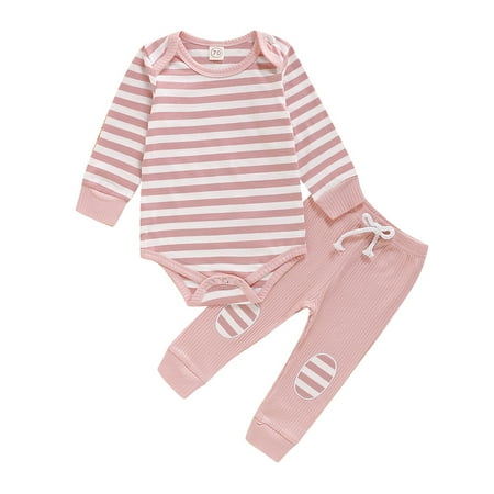 

Canrulo Newborn Baby Girl Boy Outfit Infant Long Sleeve Striped T-Shirt Top Drawstrings Pants Ribbed Clothes Pink 12-18 Months