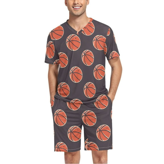 joogoo Men's Pajama Set Basketball on Dark Background V-Neck Pj Shorts Set 2 Piece Loungewear Sleepwear L