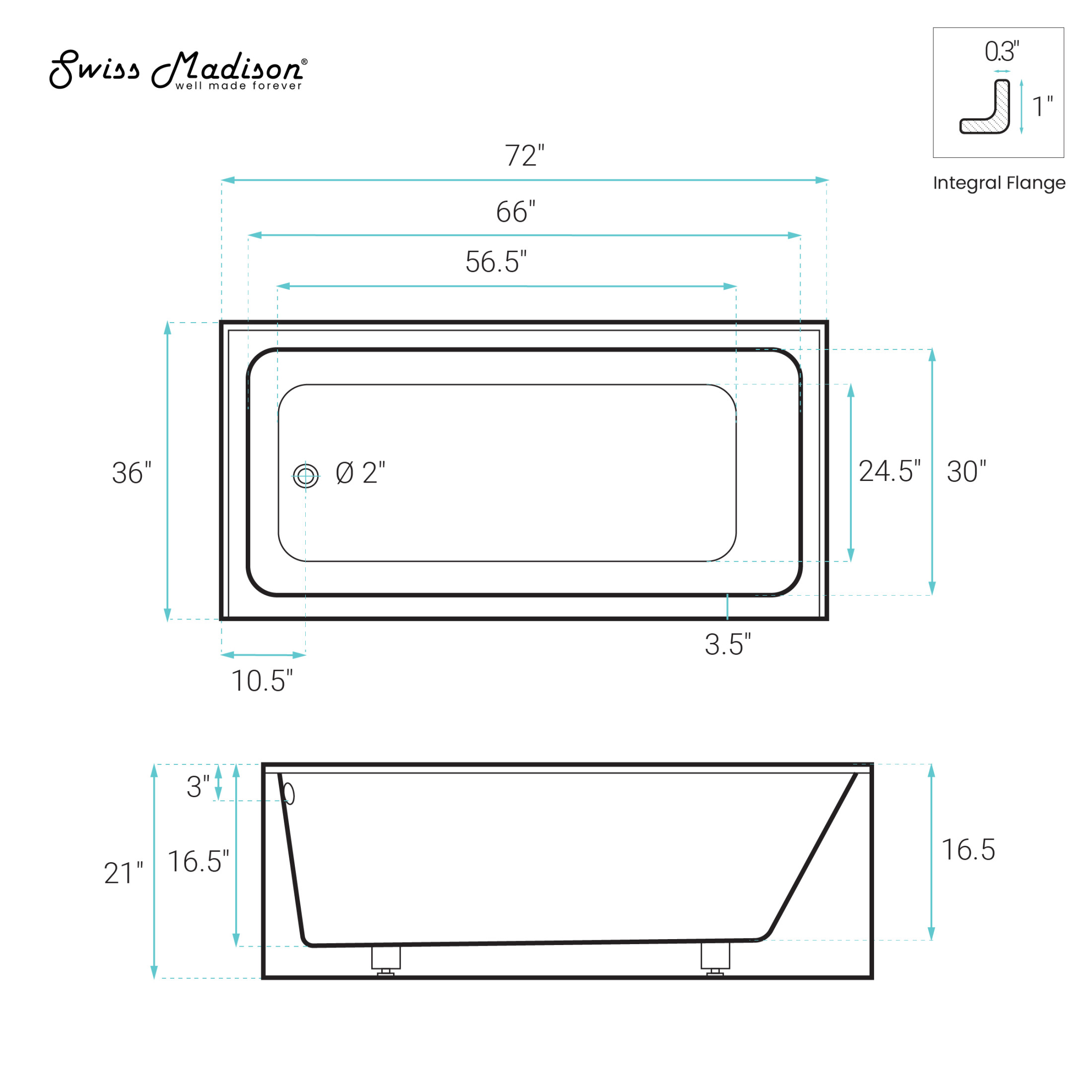Voltaire 72 x 36 Skirted Left Drain Soaking Alcove Bathtub in Glossy White, Drain Included