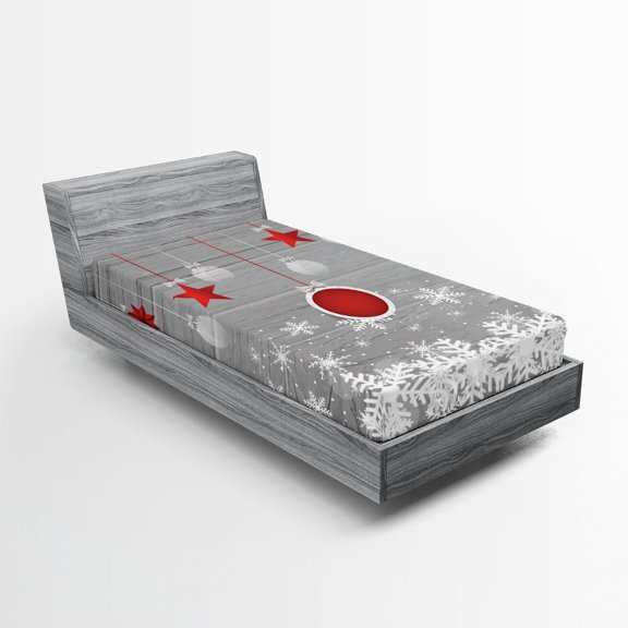 Ambesonne Christmas Fitted Sheet, Stars Baubles Snow, Twin XL Size, Grey Red White