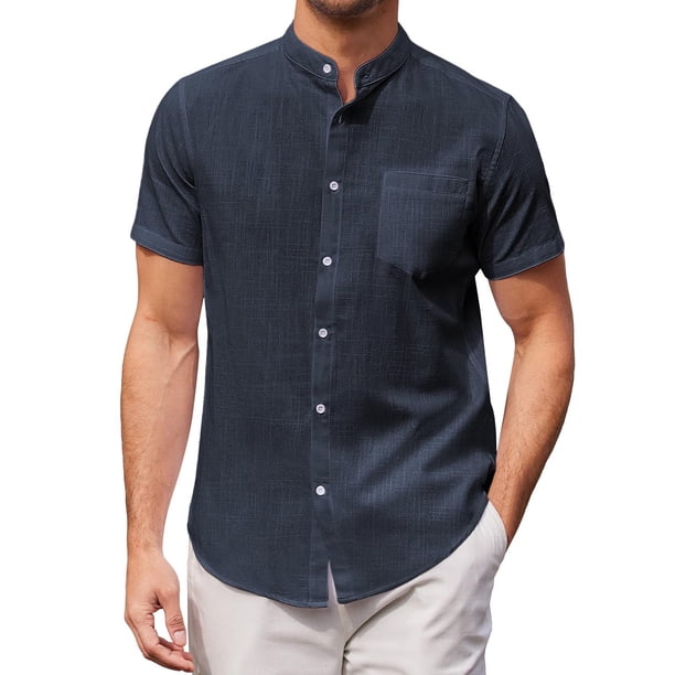 Camisas Manga Larga Hombre Camisa superior sólida de primavera y verano para hombre, camisa informal de algodón y lino con cuello levantado, camisa de manga corta de vacaciones de talla (Navy, M)