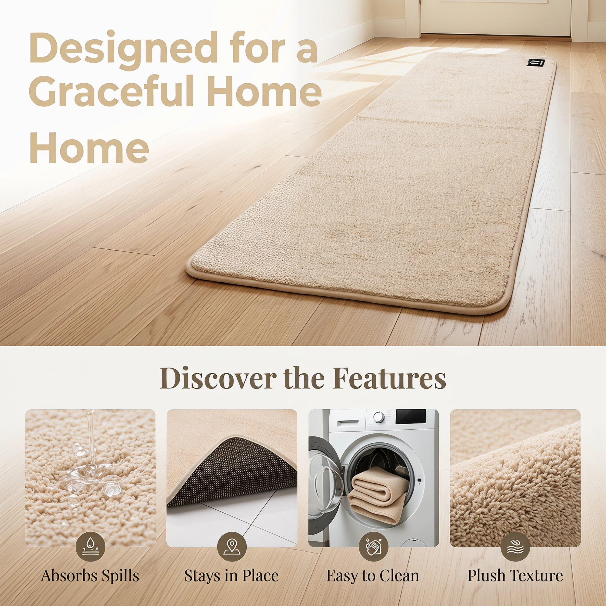 Unique Bargains Non Slip Absorbent Solid Color Polyester Runner Mat Beige 47" x 20"