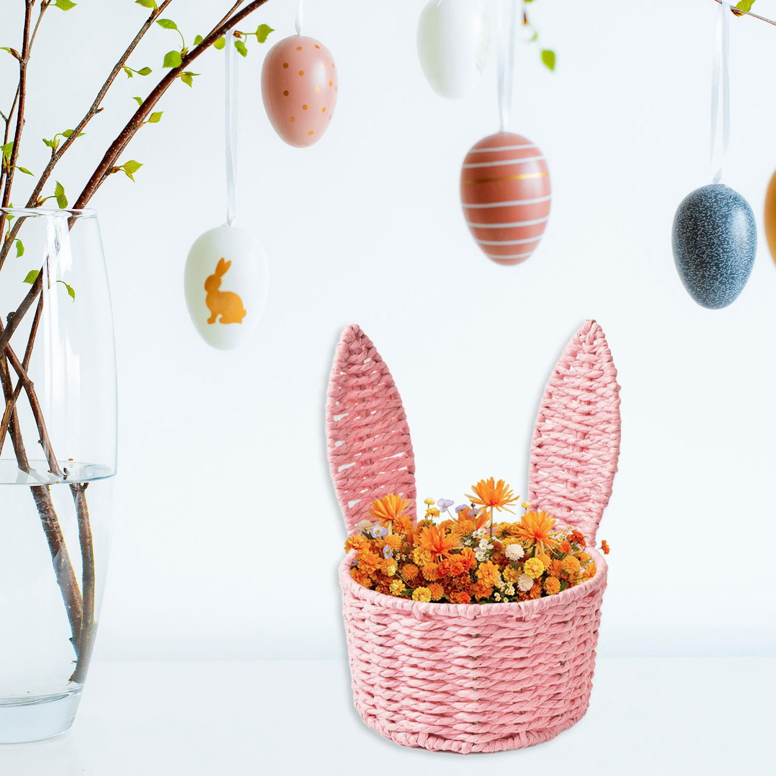 kowaku Easter Woven Bunny Ear Basket Storage Basket Candy Storage Creative Decorative Paper Rope Design Container Multipurpose Organizer Bunny Ear suitable for home decoration festive Pink