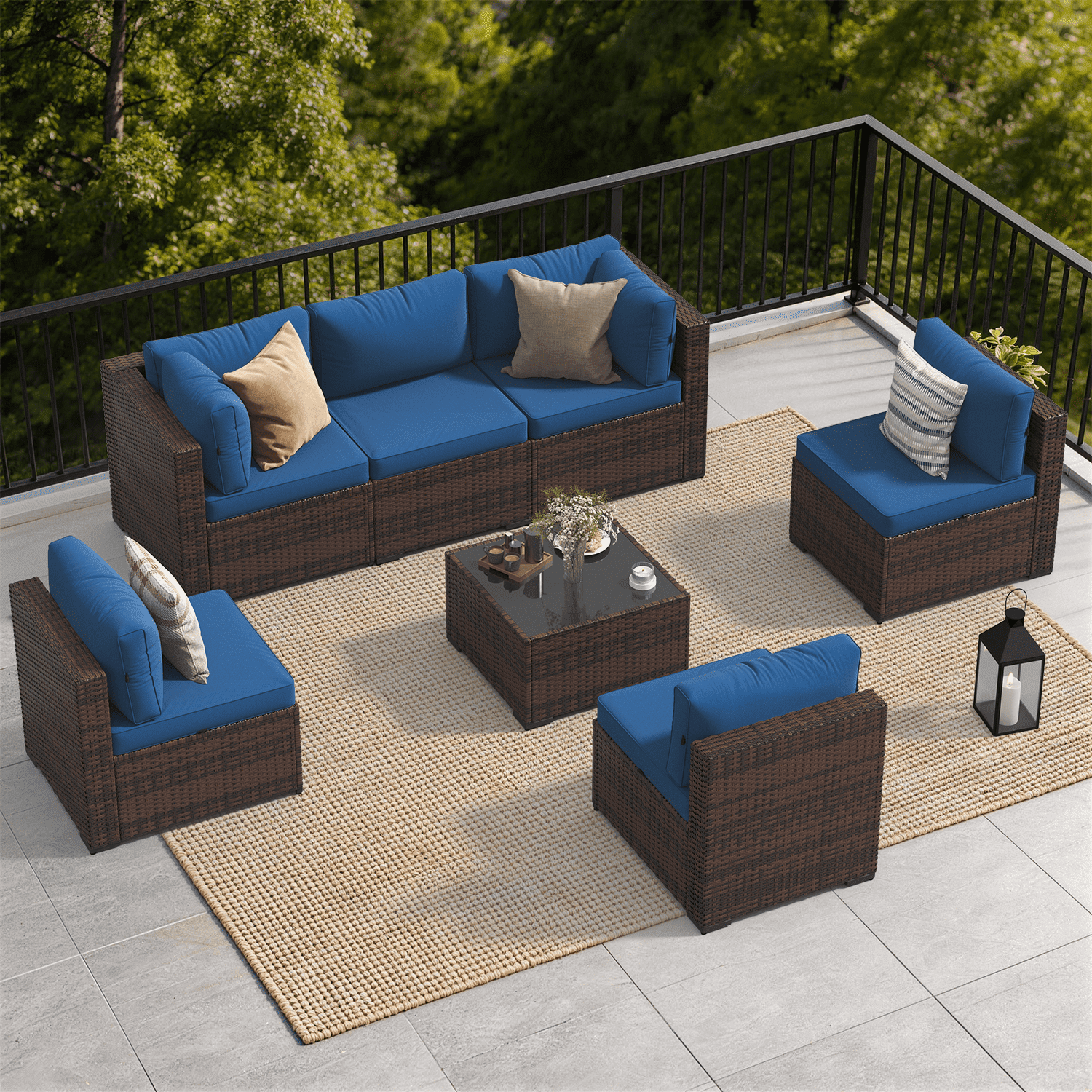 Dateyes 7-Piece Outdoor Patio Sectional Sofa Set, All-Weather Wicker Rattan Furniture with Coffee Table & Waterproof Cover (Blue)
