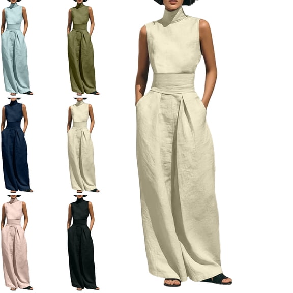 MLCDZ Women's Cotton Linen Two Piece Pants Set Sleeveless Mock Neck Top and Wide Leg Breathable Pants with Tie Waist Pockets Casual Matching Outfit