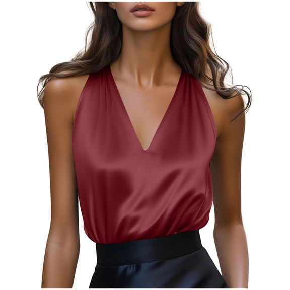 VEKDONE Women's Silk Satin Tank Tops Plus Size Loose Fit Tunic Tops Summer Sleeveless V-Neck Tanks Dressy Solid Color Business Work Tank Top Wine XL