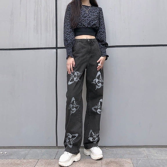 Bold Butterfly Print Loose Fit Jeans