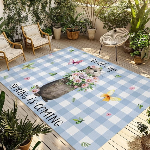 Blue Plaid Groundhog Outdoor Rug for Patio/Deck/Porch, Non-Slip Large Area Rug 3 x 5 Ft, Spring Floral Butterfly Botanical Indoor Outdoor Rugs Washable Area Rugs, Reversible Camping Rug Carpet Runner