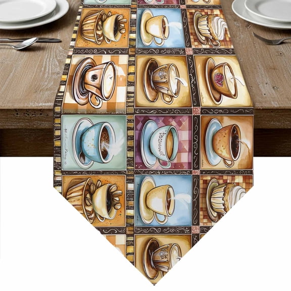 Coffee Check Plaid Table Runner Linen Burlap Table Runner 72 Inches Long Brown Watercolor Farmhouse Dresser Scarves for Kitchen Island Coffee Dining Room Party Wedding Banquet Holiday Decor 13"x72"