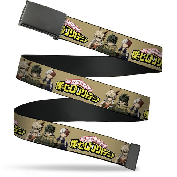 Adjustable Belt, Clamp Buckle, Cut-to-Fit, My Hero Academia Character Trio Pose and Title Logo Tan