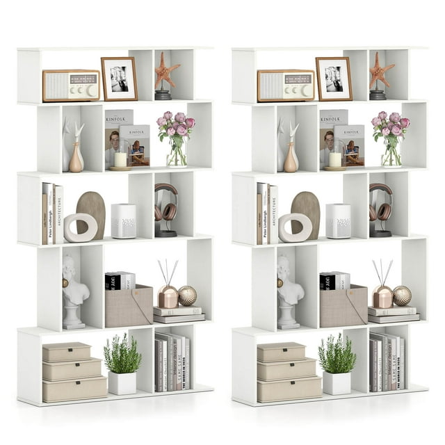 Costway 2 PCS 5-Tier Geometric Bookshelf with Open Shelves Closed-back Cubes for Living Room White