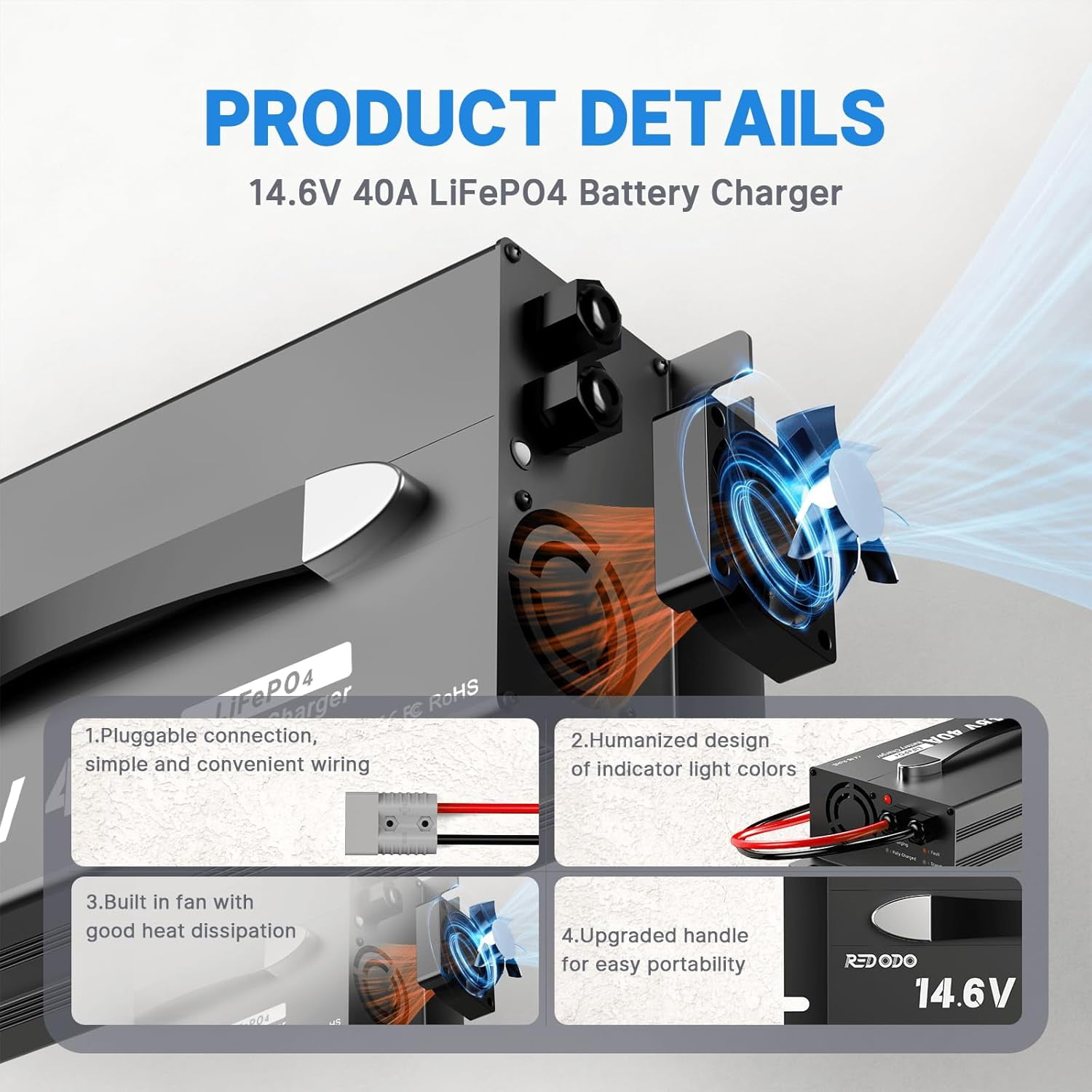Redodo 14.6V 40A LiFePO4 Battery Charger,Dedicated Lithium Battery Charger,Activate Battery,Fully Protected,Upgrade Handle,Intelligent LED Display,Sturdy Aluminum Casing,for 12V Lithium Batteries
