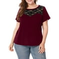 thumbnail image 2 of Unique Bargains Juniors' Plus Size Lace Insert Short Sleeves Round Neck Top 2X Burgundy, 2 of 7