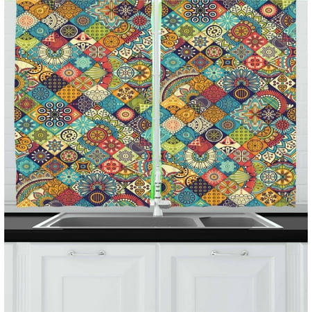 Bohemian Themed Living Room Bohemian Curtains 2 Panels Set, Checkered Pattern with Ethnic Ornamental Floral Figures Ethnic Folk Art Abstract, Window Drapes for Living Room Bedroom, 55W X 39L Inches, Multicolor, by Ambesonne ()