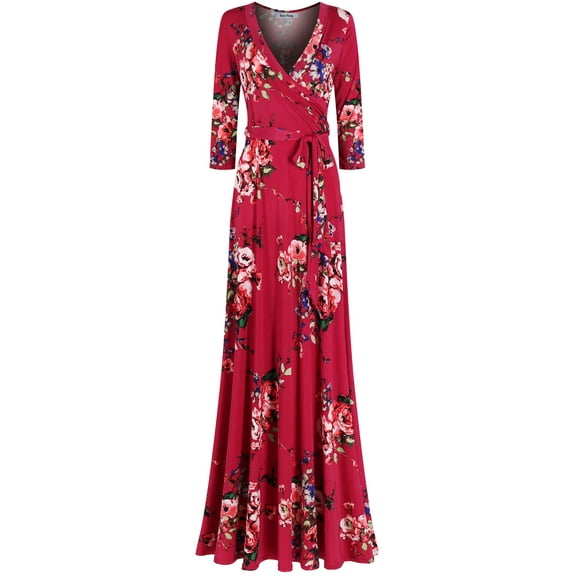 Bon Rosy, Women's, 3/4 Sleeve V-Neck Printed Maxi Faux Wrap Floral Dress, Berry, XL