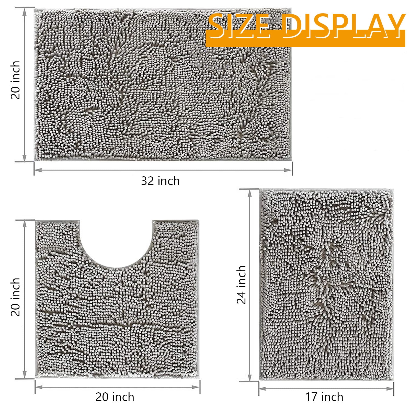 Hengbo 3 Pcs Chenille Bathroom Rug Sets Shaggy Bathroom Mat Set Carpet Extra Thick Soft Absorbent Soft Non Slip Machine Wash Light Gray