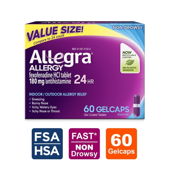Allegra Adult 24-Hour Allergy Relief Gelcaps, Non-Drowsy Indoor and Outdoor Allergy Medicine, 180 mg Fexofenadine HCI Antihistamine Pill, 60-Count