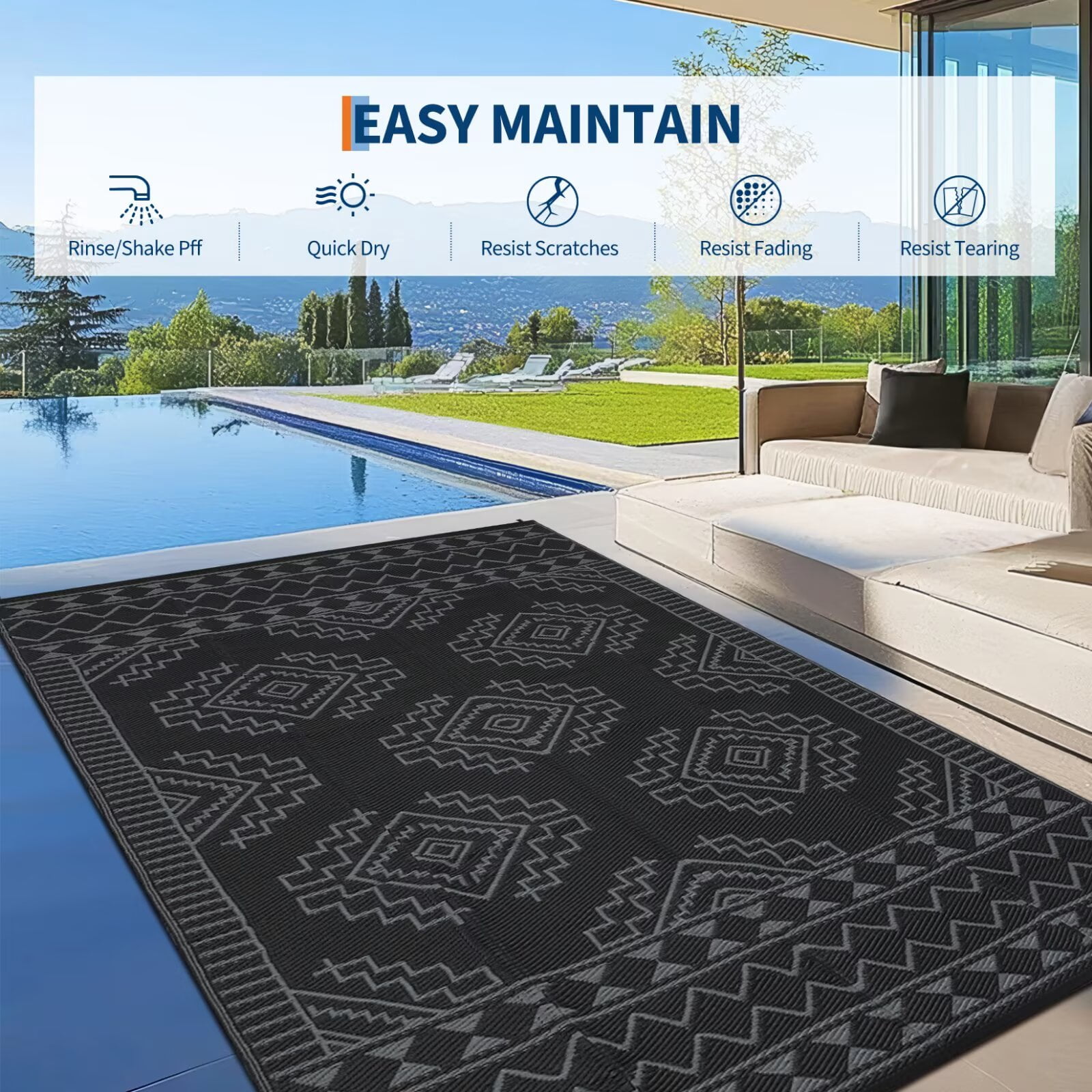 GlowSol 9'x18' Outdoor Rug Boho Geometric Plastic Straw Rug Waterproof Reversible Mat Outdoor Foldable Rug for Camping Patio Picnic, Black Gray