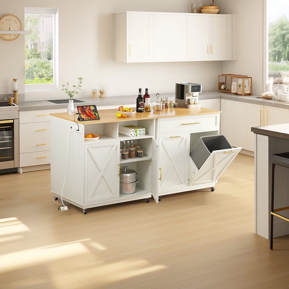 Uforic Kitchen Storage Cart with 2 Tilt Out Trash Can, Rolling Kitchen Island with Power Outlets & Drawers, White