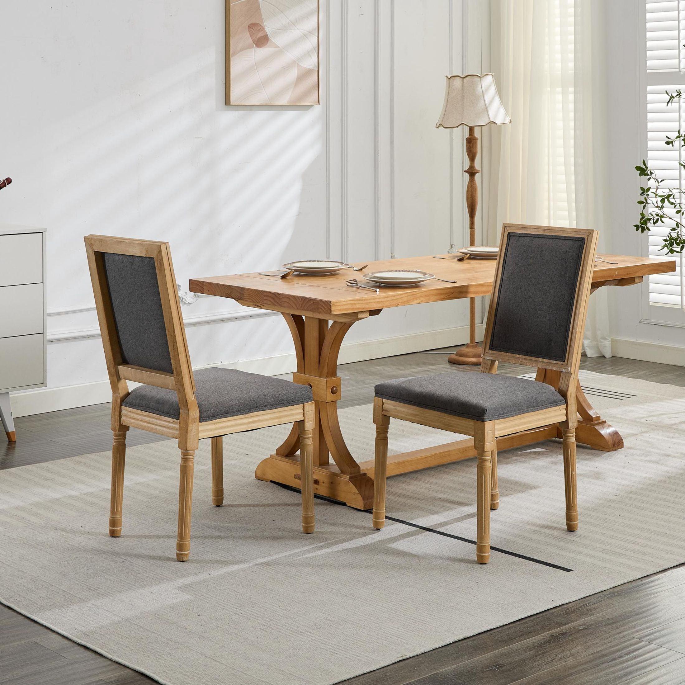 GDF Studio French Dining Chairs Set of 2 with Upholstered Backrest, Solid Rubberwood Frame, Gray