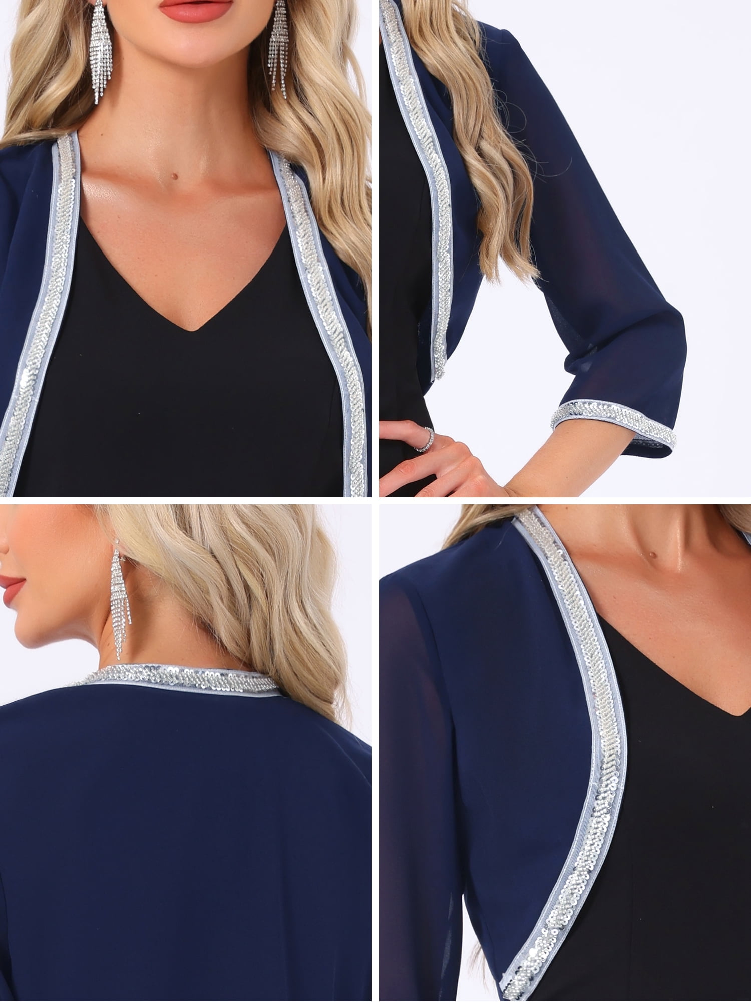 DARING DIVA Women's Sequin Beaded Open Front Evening Shrug M Dark Blue