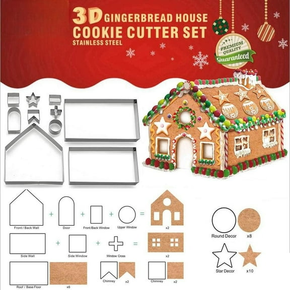 (Set of 10) Gingerbread House Cookie Cutter Set, 3D Gingerbread House Kit Christmas Cookie Cutters for Gingerbread Houses Mold Gift Box Packaging