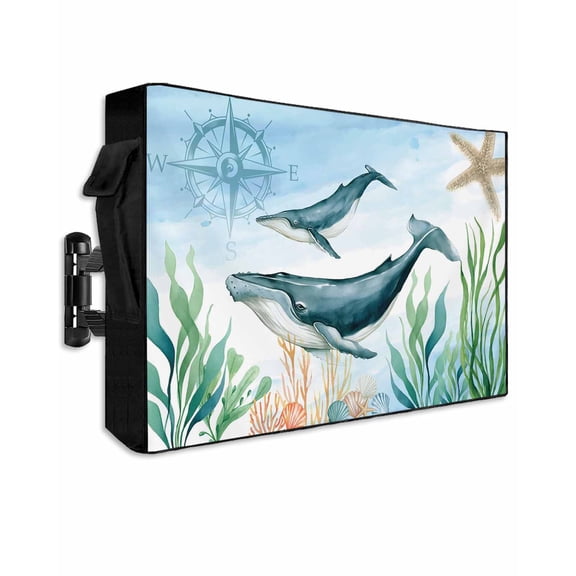 Outdoor TV Cover 48 to 50 Inch Weatherproof, Ocean Whale Compass Waterproof TV Screen Protector for Outside Decor with Zipper and Pocket 48"L x 30"H , Sea Coral Starfish Bule