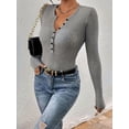 thumbnail image 5 of Women'S Long Sleeve Henley Tops Ribbed Knit Slim Fitted Trendy T Shirt Basic Tees Layer Fashion Outfits Gray S, 5 of 9