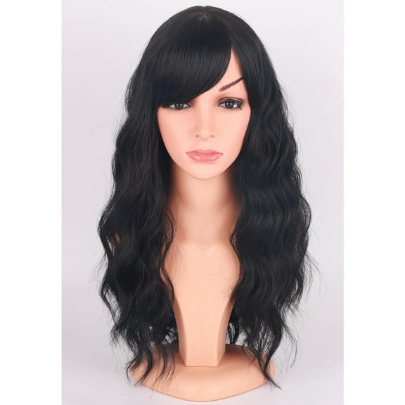 Black Wavy Wigs with Bangs for Women Glueless Black wigs Synthetic Long Black Wigs Natural Looking Heat Resistant for Daily Party Use 18 Inches