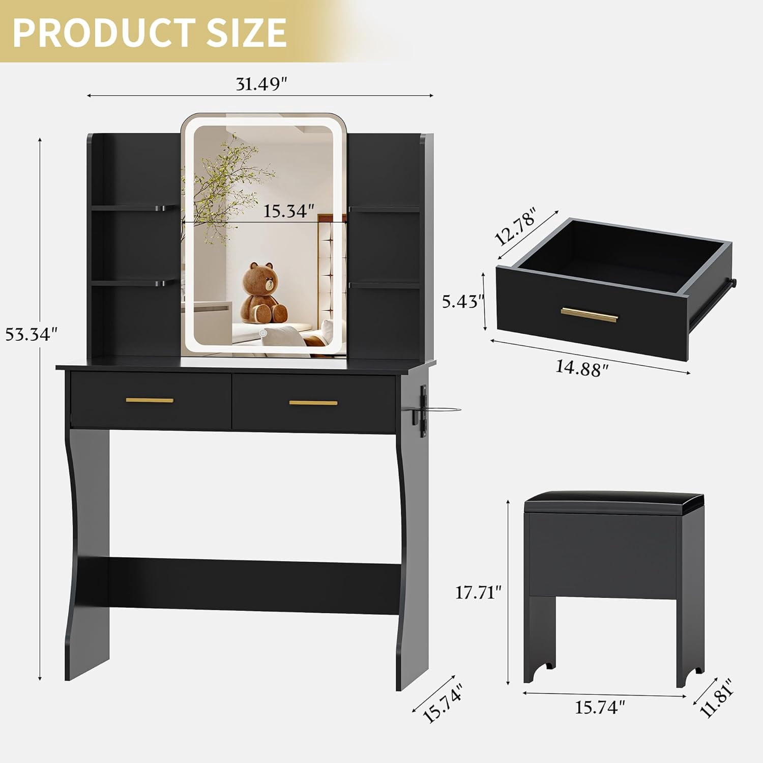 FANRAL Vanity Set with Mirror and Lights,31.5" Small Vanity Bedroom Vanity Desk,Makeup Vanity with Chair & Drawers & Power Outlet,Black Vanity