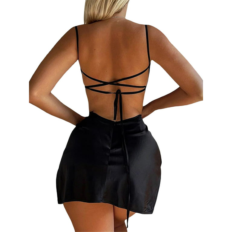 Women Sexy Spaghetti Strap Slip Dress Summer Satin Bandage Backless Mini  Dress For Nightclub Beach