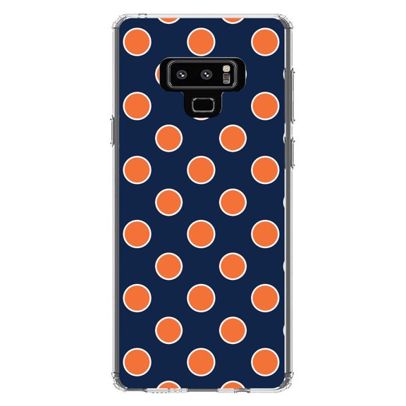 DistinctInk Clear Shockproof Hybrid Case for Samsung Galaxy Note 9 - TPU Bumper, Acrylic Back, Tempered Glass Screen Protector - Navy Orange White Polka Dots
