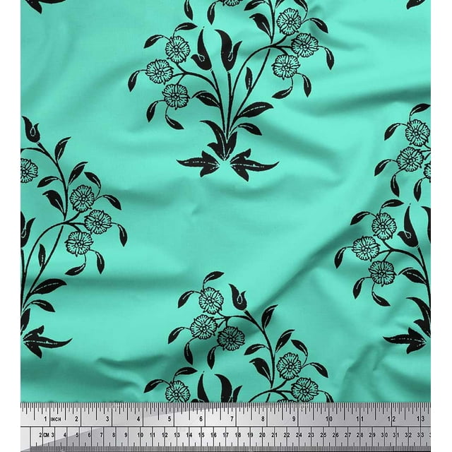 Soimoi Modal Satin Fabric Leaves & Floral Block Print Sewing Fabric Yard 42 Inch Wide