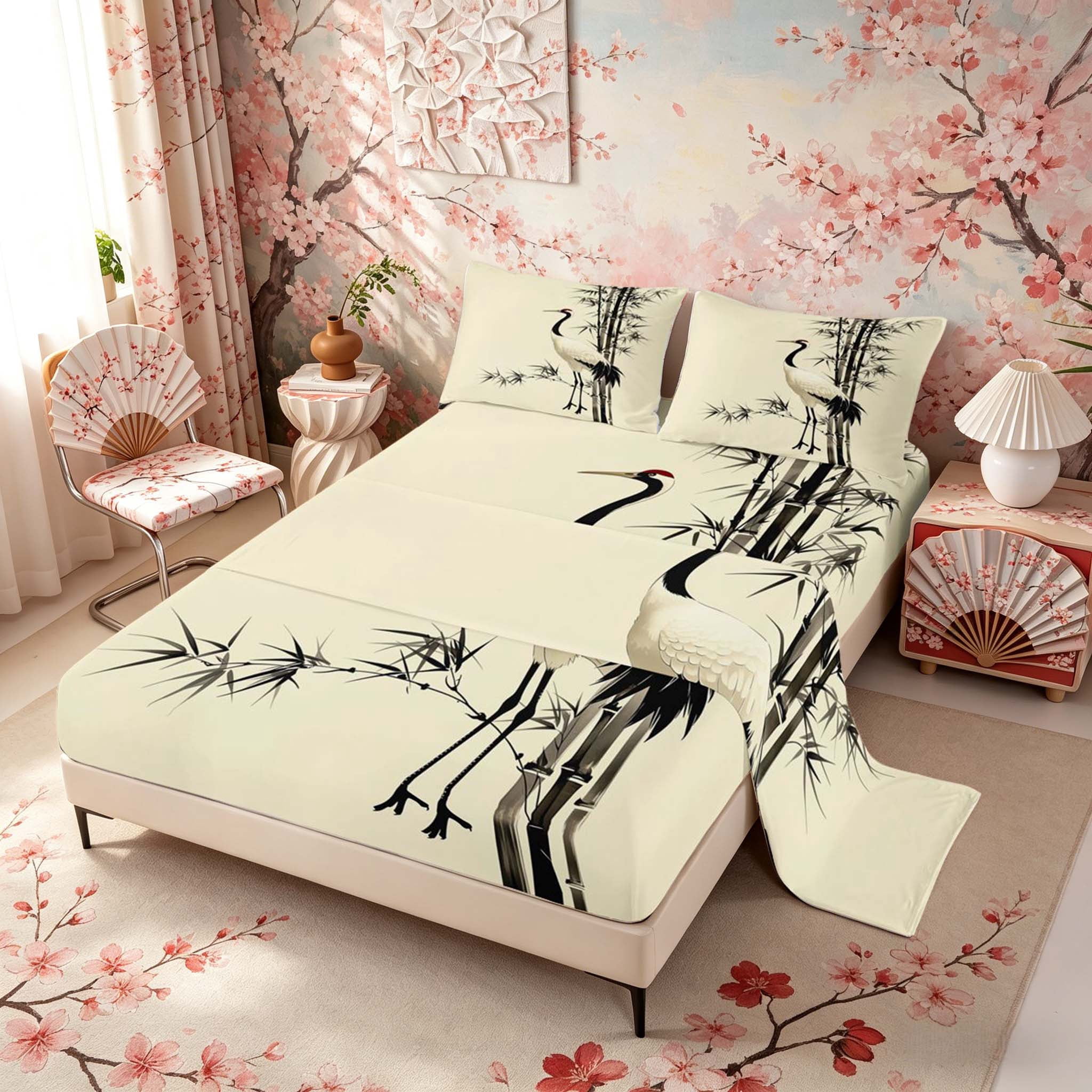 Manfei Ink Crane Queen Sheet Sets for Teens, Bamboo Bed Set, Beige Black White 4pcs, 1 Flat Sheet, 1 Fitted Sheet and 2 Pillowcases