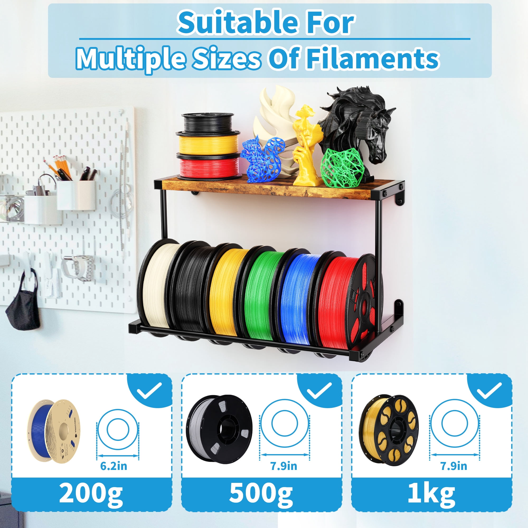 2 Pack 3D Printer Filament Storage Rack, 2 Tier Wall Mount Filament Spool Holder, Heavy Duty 3D Filament Shelf Organizer, Metal Storage Rack for 3D Printing Studio, Workshop