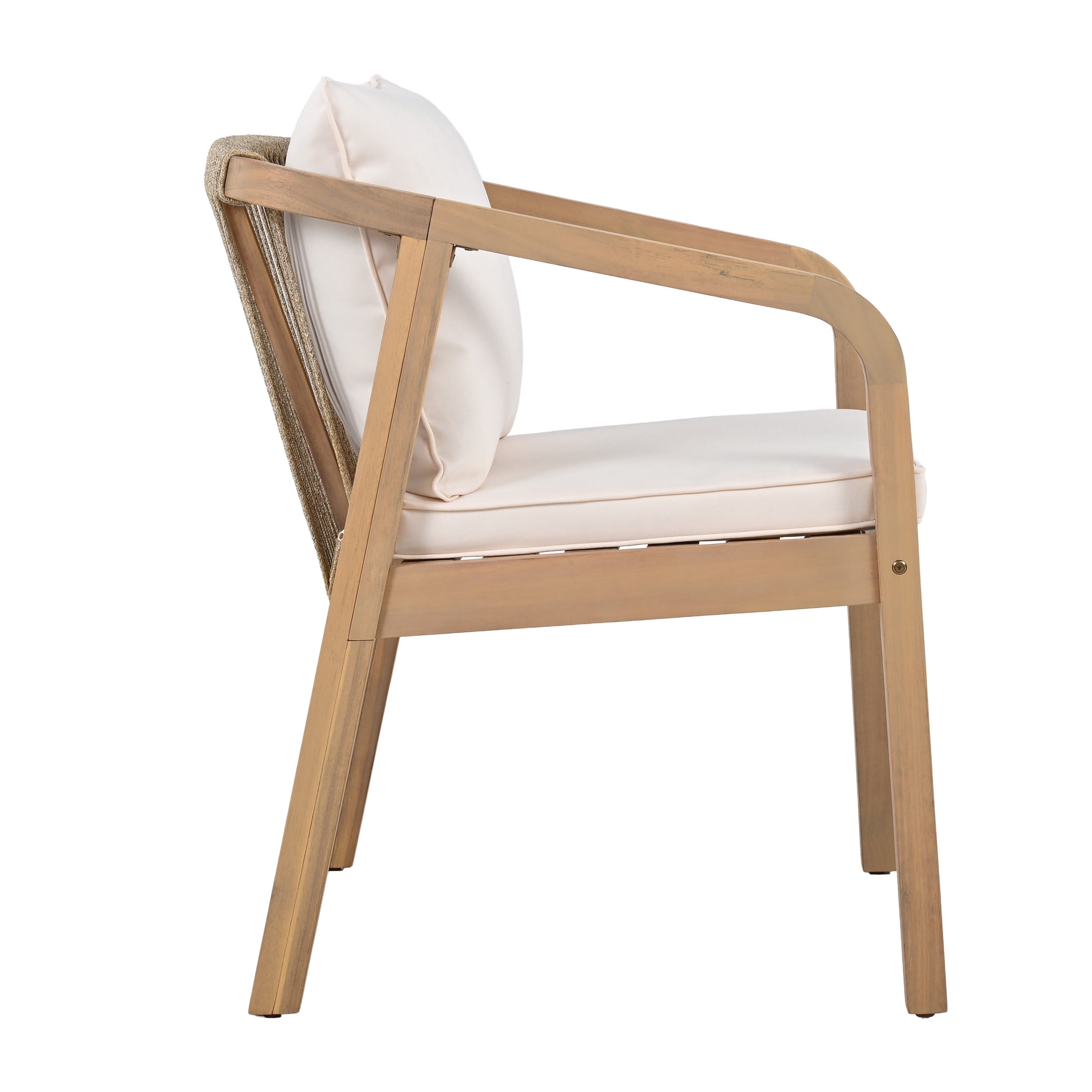 Christopher Knight Home Outdoor Dining Armchairs with Woven Rope Backrest, Cream Cushion, Light Teak Finish, Set of 2