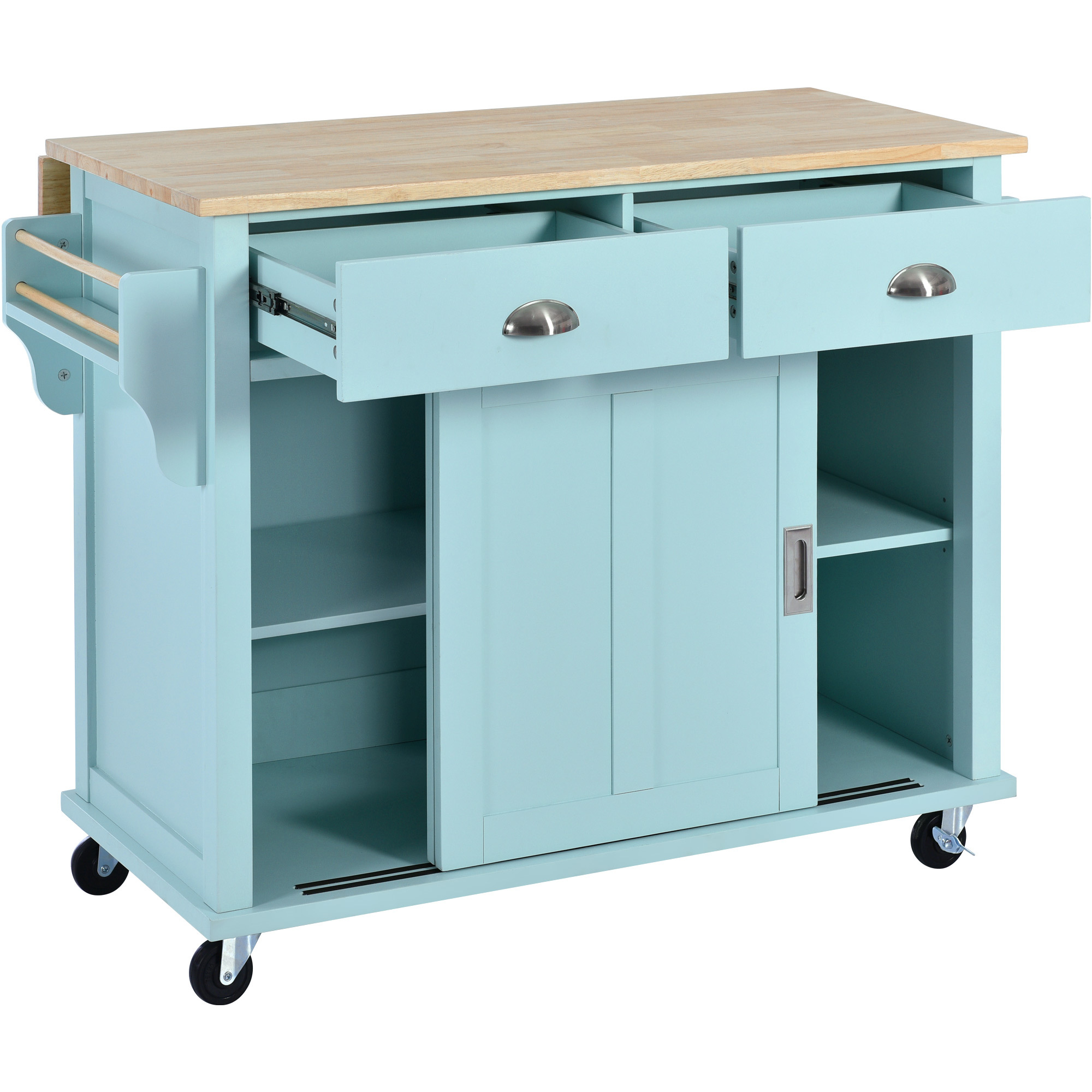 DEALTOPS 52.2 inch Kitchen Cart with Rubber Wood Drop-Leaf Countertop, Concealed Sliding Barn Door Adjustable Height, Kitchen Island on 4 Wheels with Storage Cabinet and 2 Drawers-Green
