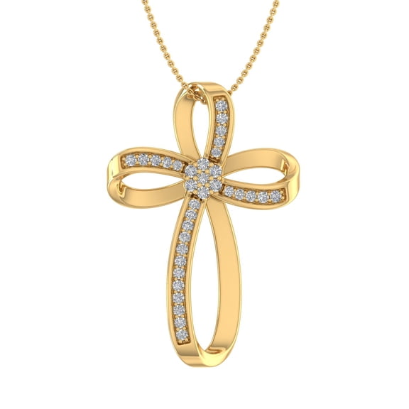 0.15 Carat Diamond Cross Pendant Necklace in 14K Yellow Gold (Silver Chain Included) (I1-I2 Clarity)