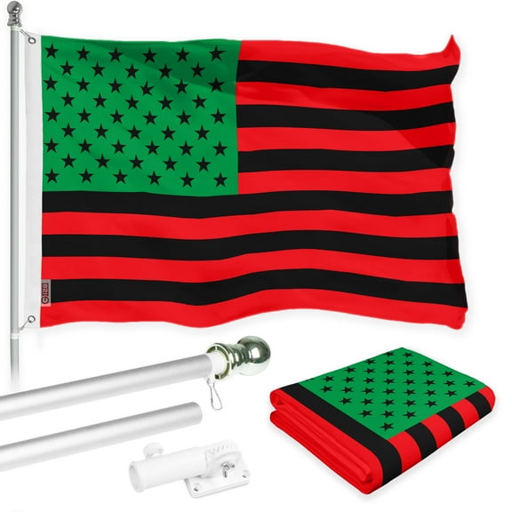 G128 Combo Pack: 6 Ft Tangle Free Aluminum Spinning Flagpole (Silver) & Afro American Black Liberation BLM Flag 3x5 Ft, LiteWeave Pro Series Printed 150D Polyester | Pole with Flag Included